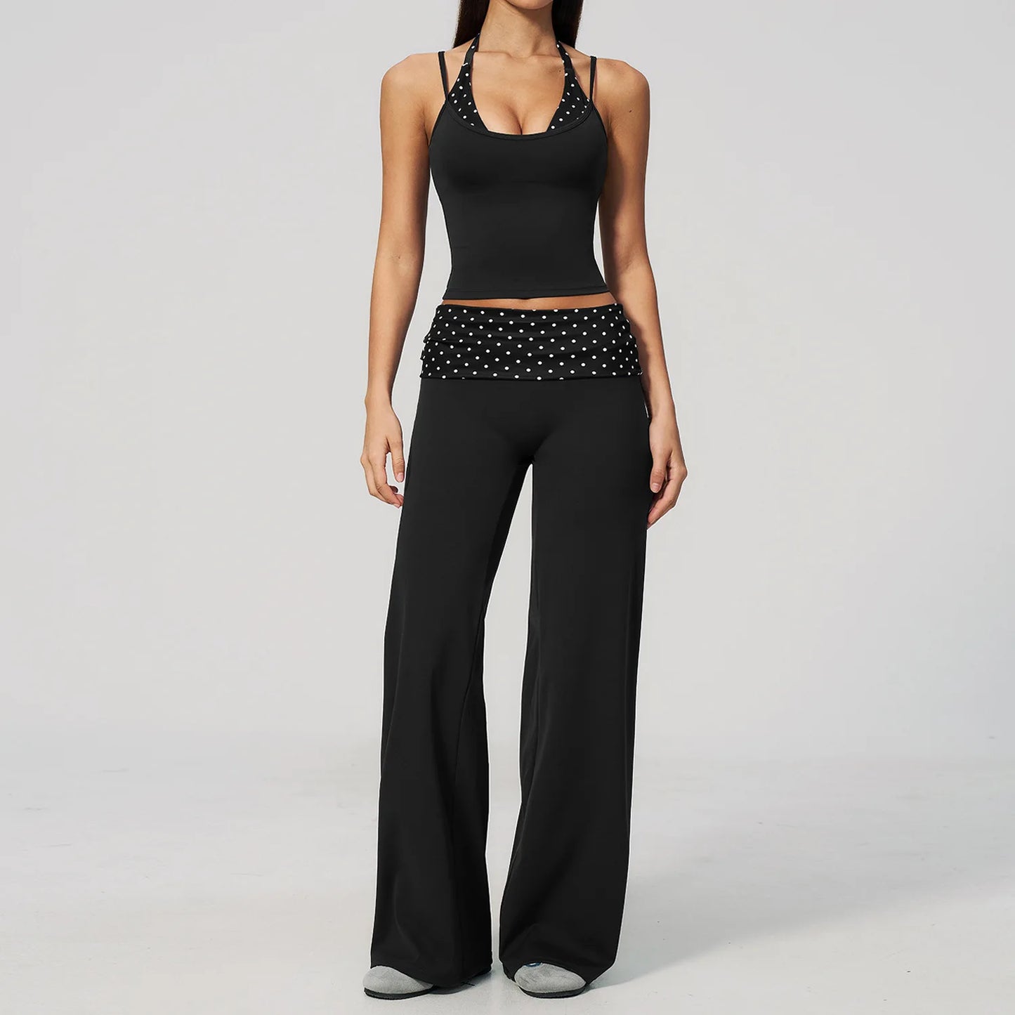 Women'S 2 Piece Yoga Set Halter Neck Crop Top Fold over Waist Wide Legged Flare Trousers Polka Dot Striped Gym Workout Running