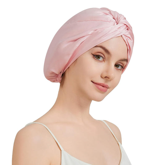 100% Mulberry Silk Bonnet for Sleeping Women, 22 Momme Grade-6A Double Layer Silk Hair Wrap with Elastic Band Stay on Head All Night(1Pcs,Pink)