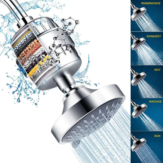 Shower Head with Filter, Shower Head and Hard Water Showerhead Filters Combo, 5 Spray High Pressure Showerhead with 15 Stage Filter