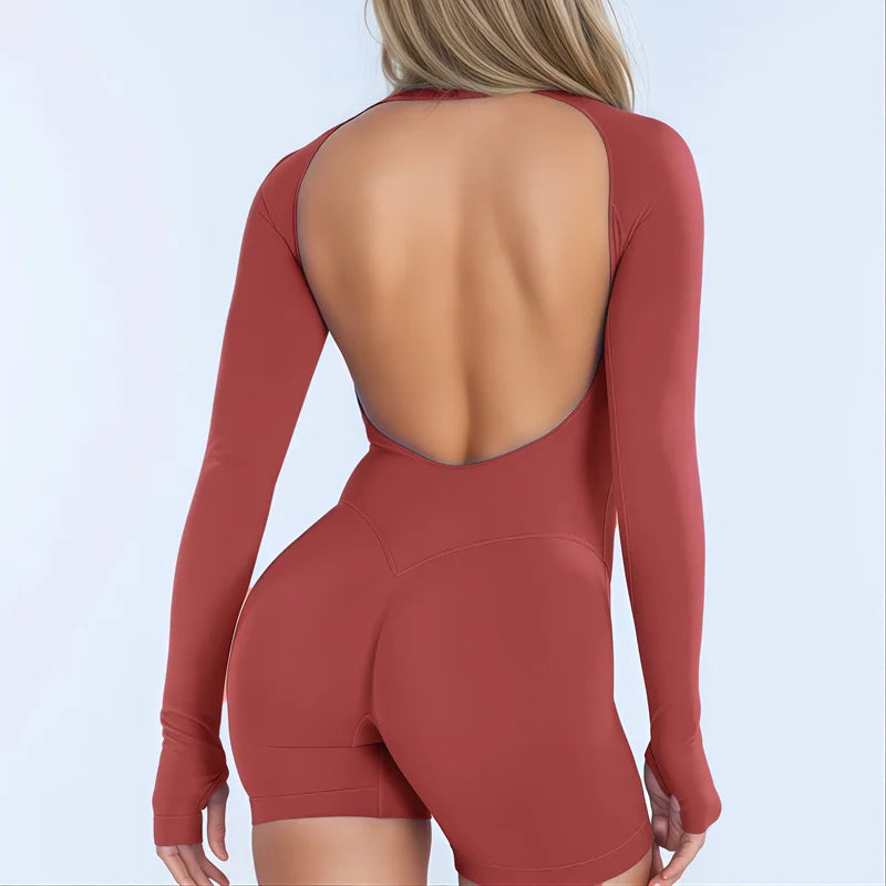 Sport Long Sleeve One Piece Women Hollow Back Yoga Bodycon Slim Fit Soft Stretch Fitness Running Gym Sports Jumpsuit