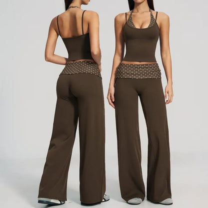 Women'S 2 Piece Yoga Set Halter Neck Crop Top Fold over Waist Wide Legged Flare Trousers Polka Dot Striped Gym Workout Running