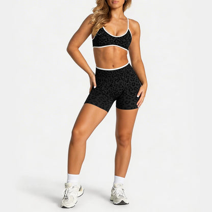 Women Leopard Print 2 Piece Yoga Set High Waist Butt Lift Biker Shorts Adjustable Strap Sports Bra Gym Workout Activewear