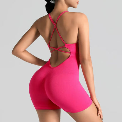 Women'S Sexy Slim-Fit Yoga Shorts Jumpsuit Seamless Back Workout Bodysuit Breathable Quick-Dry Gym Running Pilates Fitness Yoga