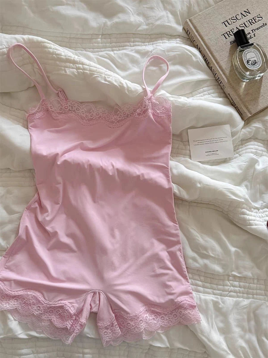 Lace Trim Slim Playsuits Woman High Elasticity Adjustable Strap Skinny Bodysuit Solid Fashion Streetwear Smooth One-Piece Tops