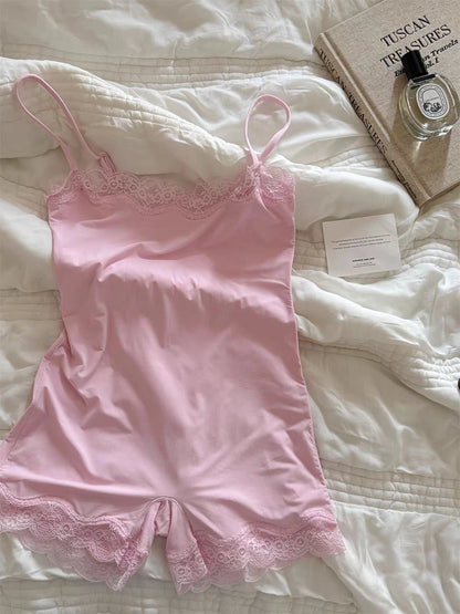 Lace Trim Slim Playsuits Woman High Elasticity Adjustable Strap Skinny Bodysuit Solid Fashion Streetwear Smooth One-Piece Tops