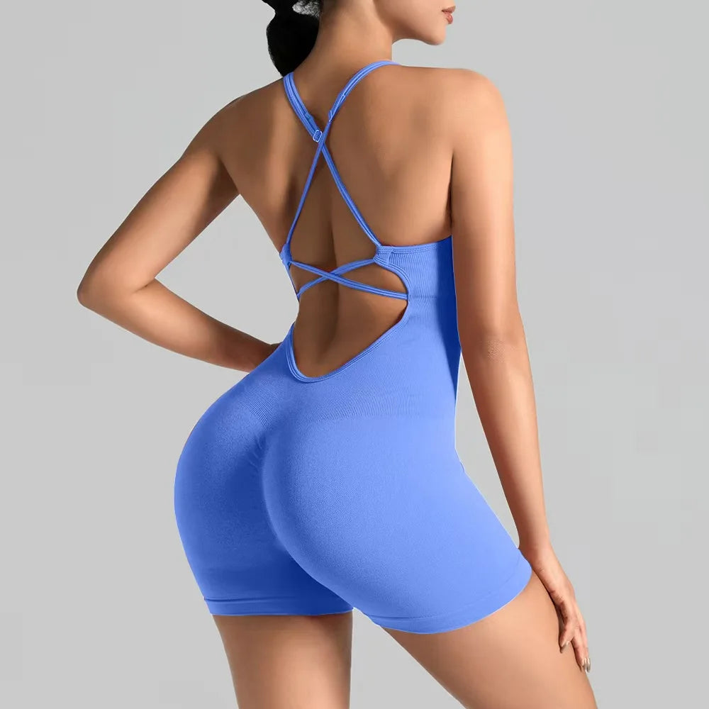 Women'S Sexy Slim-Fit Yoga Shorts Jumpsuit Seamless Back Workout Bodysuit Breathable Quick-Dry Gym Running Pilates Fitness Yoga