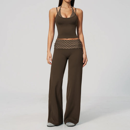 Women'S 2 Piece Yoga Set Halter Neck Crop Top Fold over Waist Wide Legged Flare Trousers Polka Dot Striped Gym Workout Running