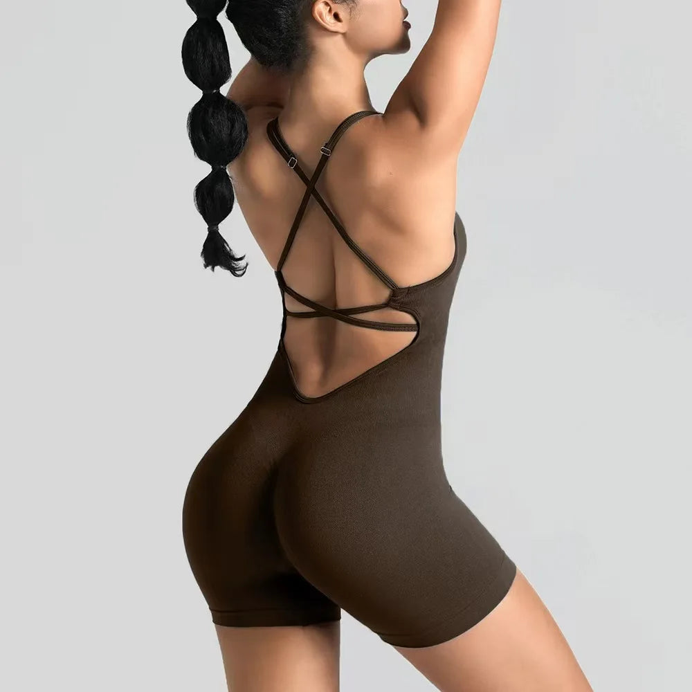 Women'S Sexy Slim-Fit Yoga Shorts Jumpsuit Seamless Back Workout Bodysuit Breathable Quick-Dry Gym Running Pilates Fitness Yoga