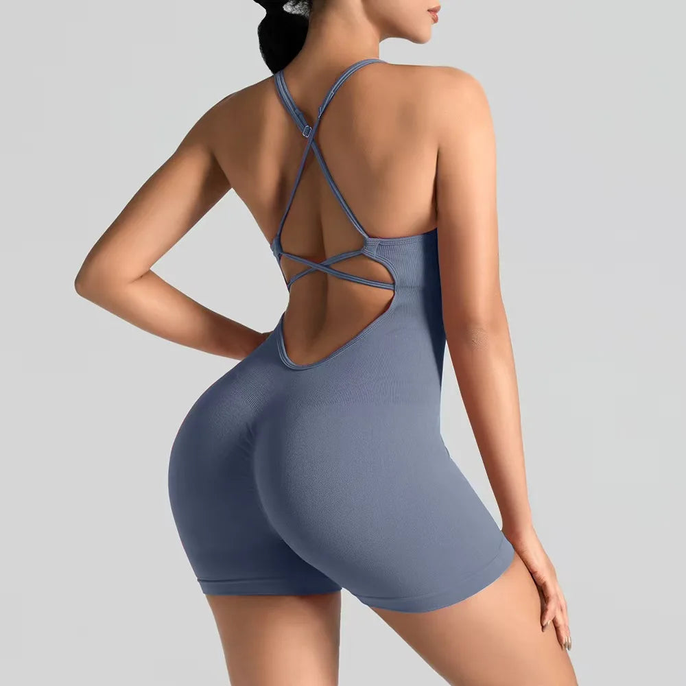 Women'S Sexy Slim-Fit Yoga Shorts Jumpsuit Seamless Back Workout Bodysuit Breathable Quick-Dry Gym Running Pilates Fitness Yoga