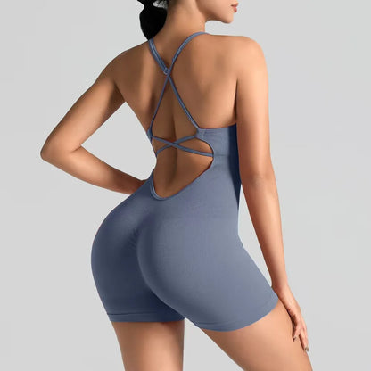 Women'S Sexy Slim-Fit Yoga Shorts Jumpsuit Seamless Back Workout Bodysuit Breathable Quick-Dry Gym Running Pilates Fitness Yoga