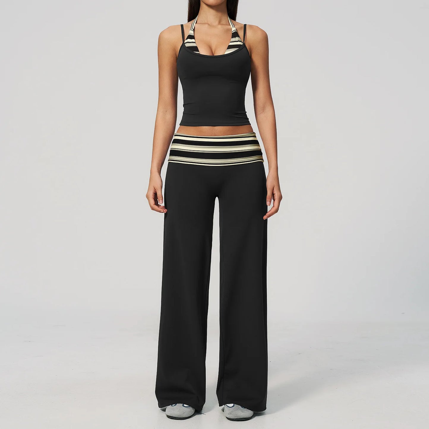 Women'S 2 Piece Yoga Set Halter Neck Crop Top Fold over Waist Wide Legged Flare Trousers Polka Dot Striped Gym Workout Running