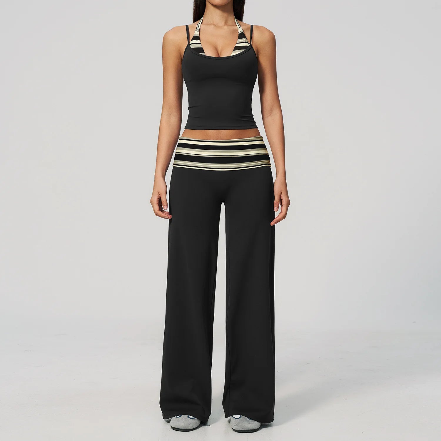 Women'S 2 Piece Yoga Set Halter Neck Crop Top Fold over Waist Wide Legged Flare Trousers Polka Dot Striped Gym Workout Running