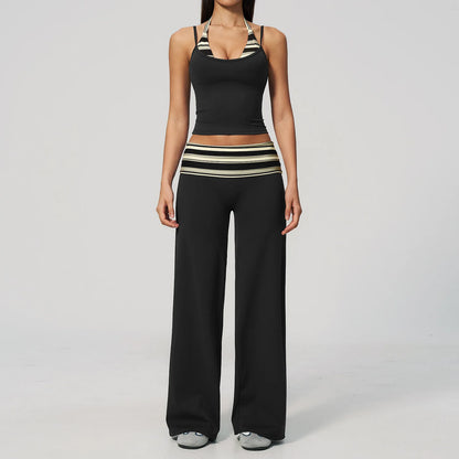 Women'S 2 Piece Yoga Set Halter Neck Crop Top Fold over Waist Wide Legged Flare Trousers Polka Dot Striped Gym Workout Running