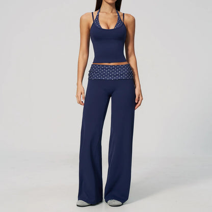 Women'S 2 Piece Yoga Set Halter Neck Crop Top Fold over Waist Wide Legged Flare Trousers Polka Dot Striped Gym Workout Running