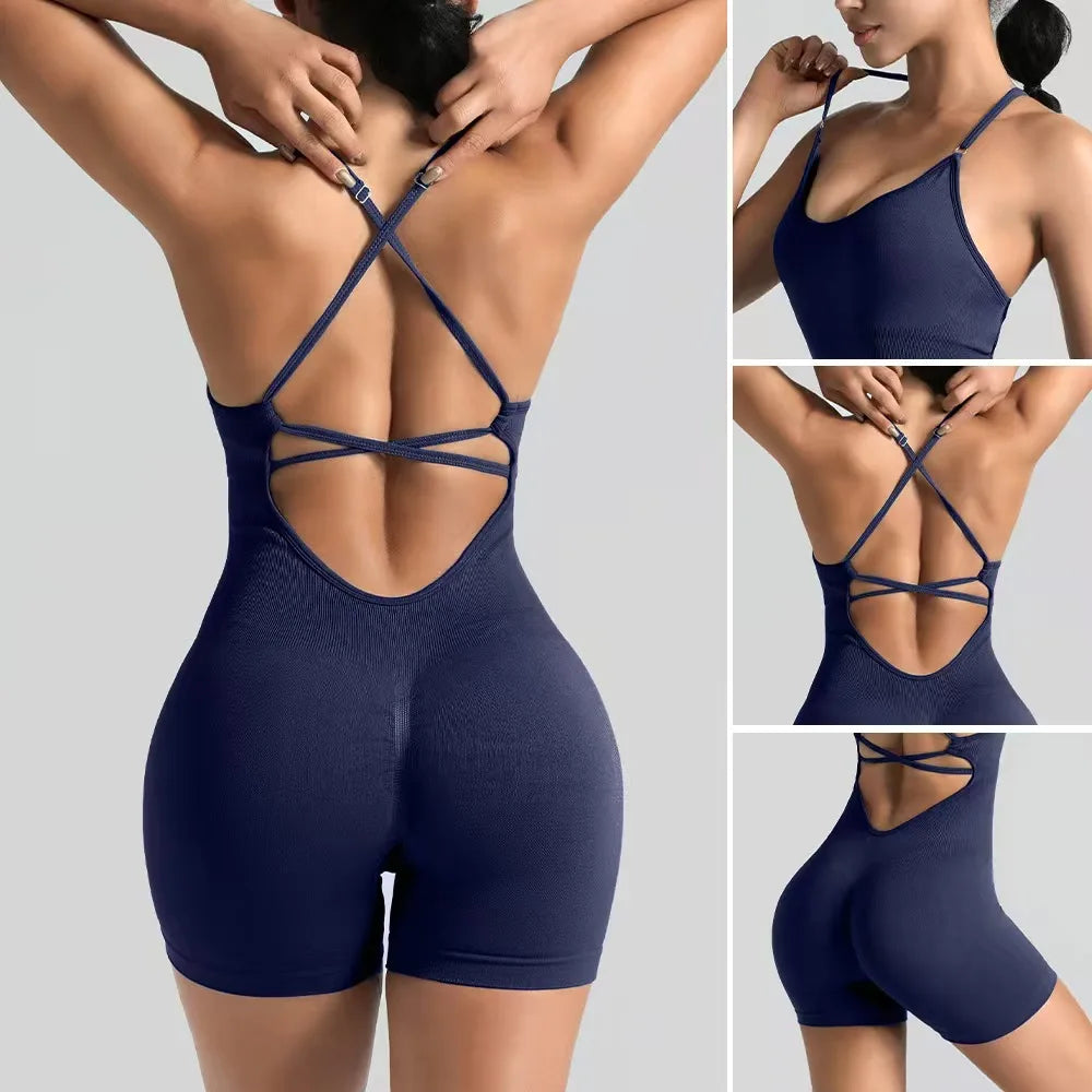 Women'S Sexy Slim-Fit Yoga Shorts Jumpsuit Seamless Back Workout Bodysuit Breathable Quick-Dry Gym Running Pilates Fitness Yoga