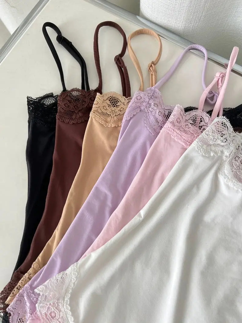 Lace Trim Slim Playsuits Woman High Elasticity Adjustable Strap Skinny Bodysuit Solid Fashion Streetwear Smooth One-Piece Tops