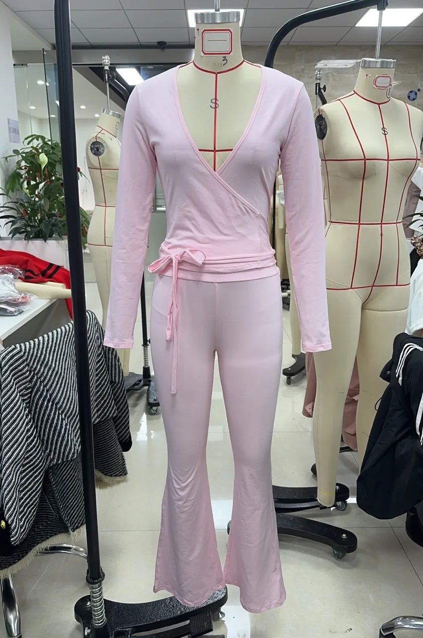 Women Autumn Y2K Yoga 2 Piece Outfits Casual Solid Tie up Hem Wrap Long Sleeves V-Neck Crop Tops Elastic Flare Pants Tracksuits