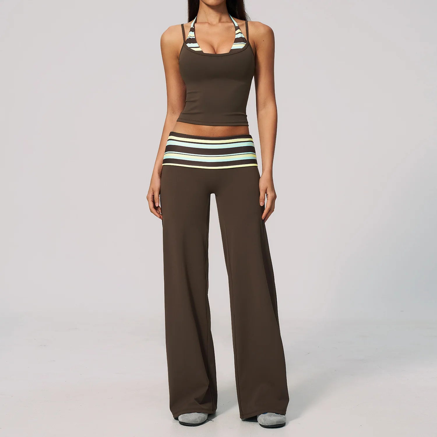 Women'S 2 Piece Yoga Set Halter Neck Crop Top Fold over Waist Wide Legged Flare Trousers Polka Dot Striped Gym Workout Running