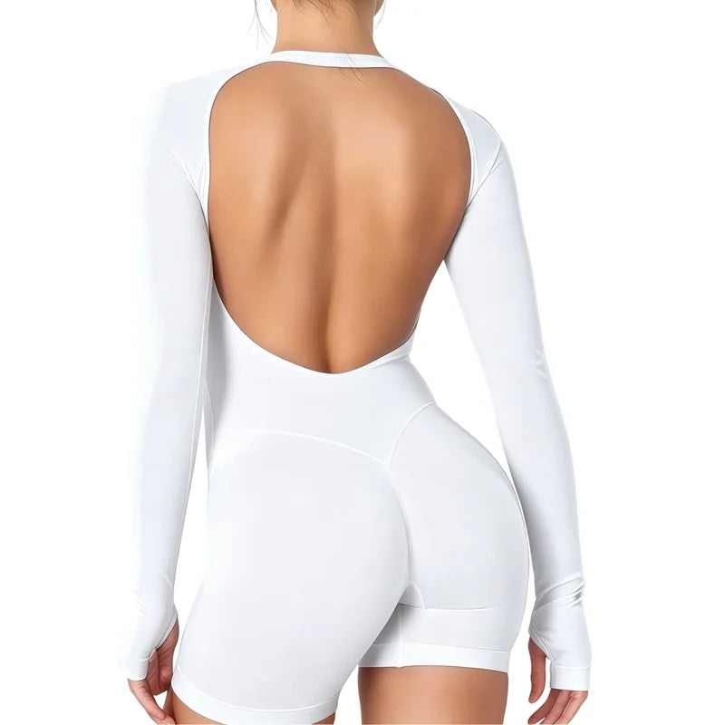 Sport Long Sleeve One Piece Women Hollow Back Yoga Bodycon Slim Fit Soft Stretch Fitness Running Gym Sports Jumpsuit