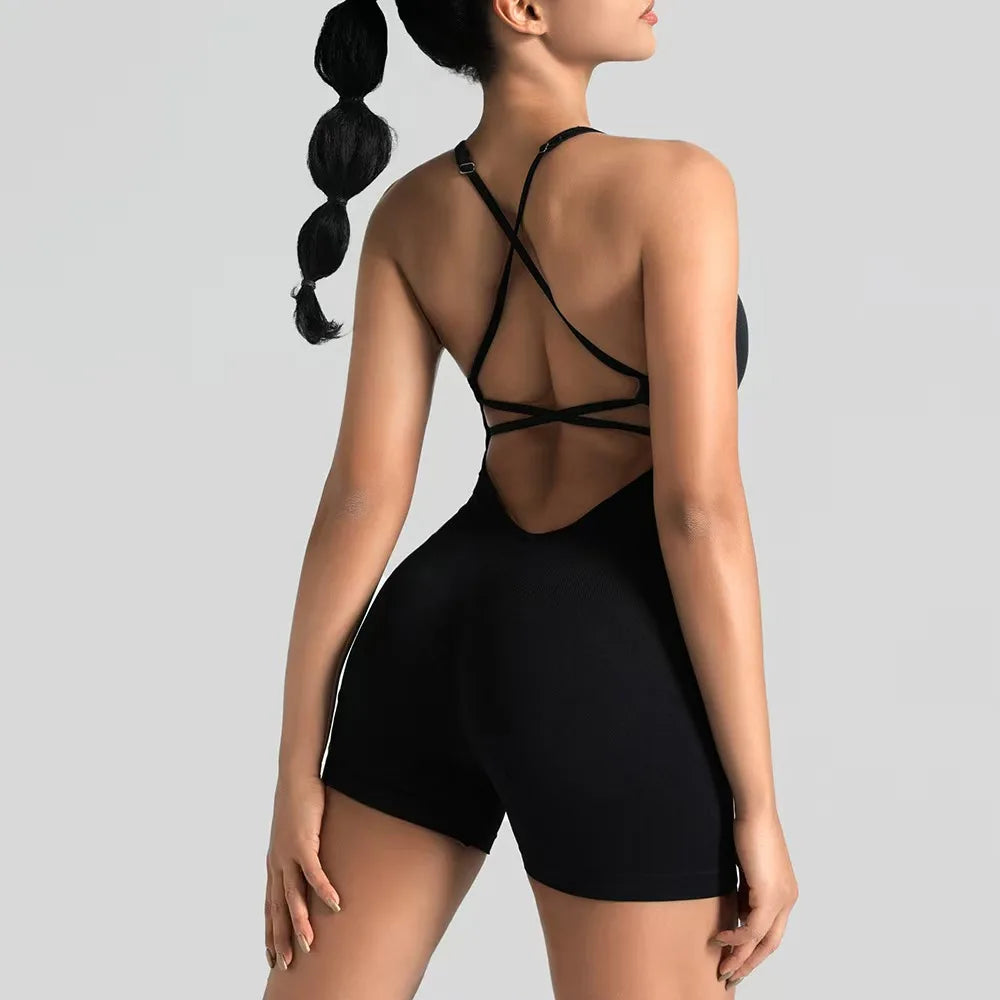 Women'S Sexy Slim-Fit Yoga Shorts Jumpsuit Seamless Back Workout Bodysuit Breathable Quick-Dry Gym Running Pilates Fitness Yoga