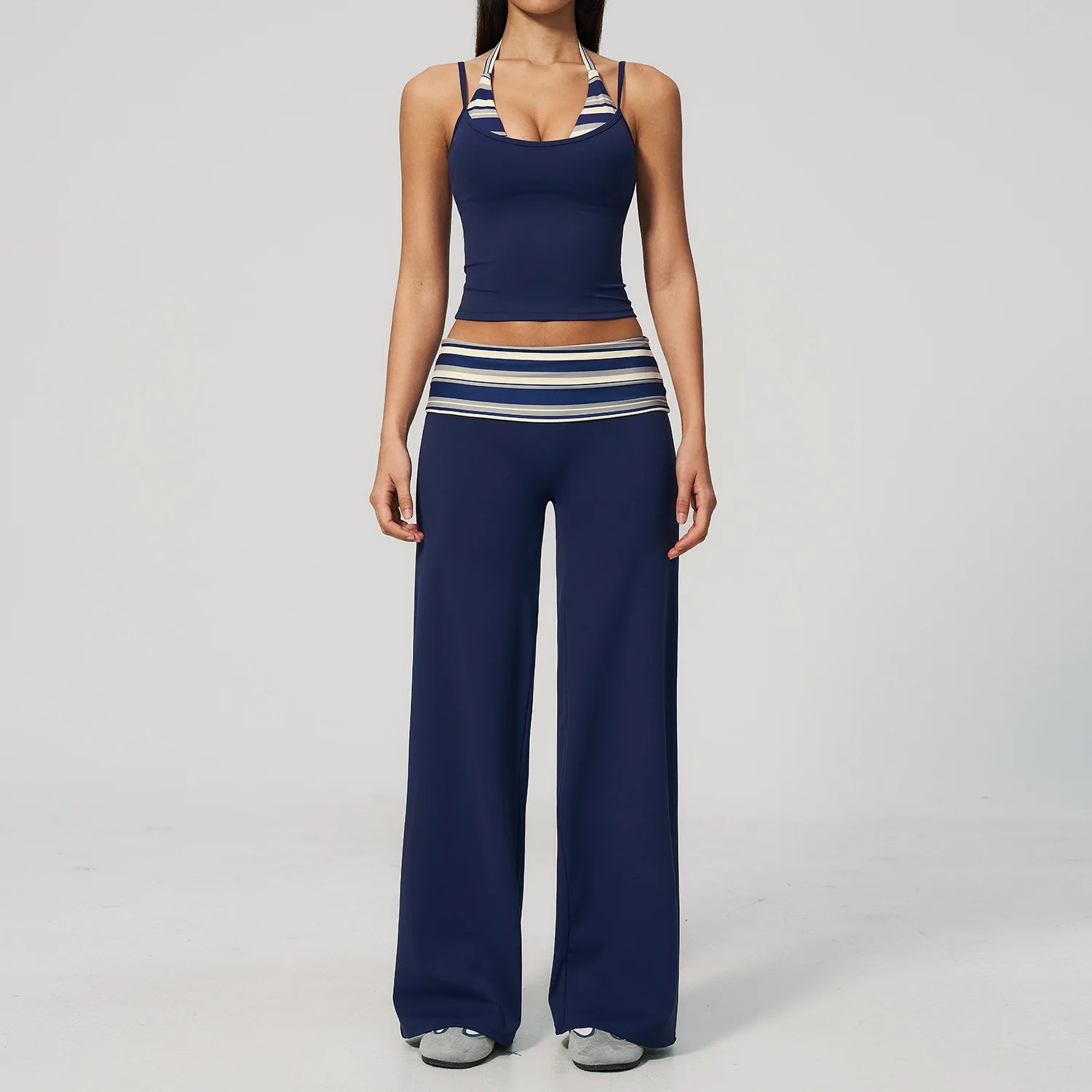 Women'S 2 Piece Yoga Set Halter Neck Crop Top Fold over Waist Wide Legged Flare Trousers Polka Dot Striped Gym Workout Running